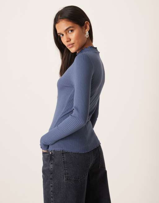 JDY - Top met geschulpte rand en lange mouwen in vintage blauw, 4 van 4