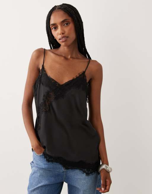 JDY - Top negro asimétrico de tirantes con detalle de encaje, 2 de 4