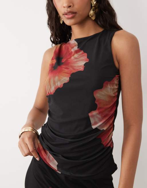 JDY - Top negro fruncido sin mangas con estampado floral de malla (parte de un conjunto), 3 de 4