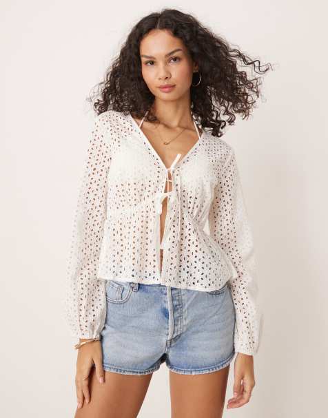 JDY - Top noué devant avec détails en broderie anglaise - Blanc - view 1