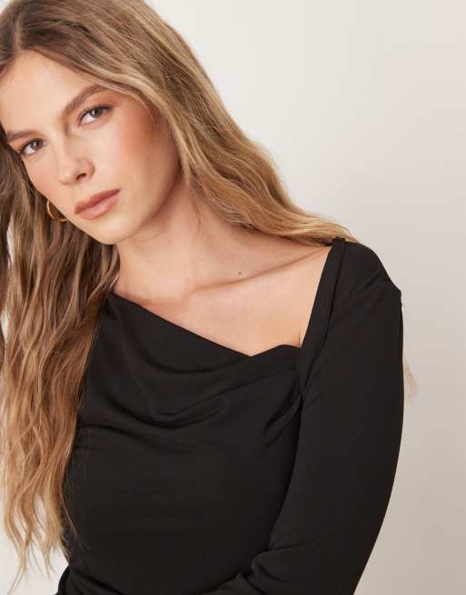 JDY - Top près du corps à manches longues et encolure asymétrique - Noir, 3 de 4