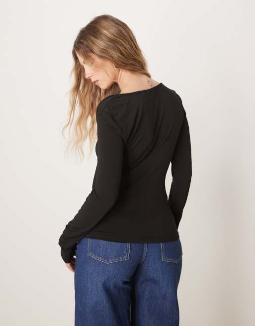 JDY - Top près du corps à manches longues et encolure asymétrique - Noir, 4 de 4