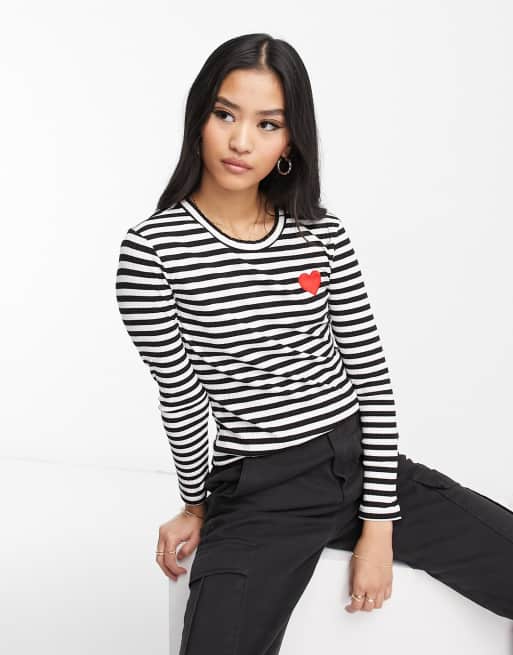 JDY - Top rayé à motif cœur - Noir et blanc