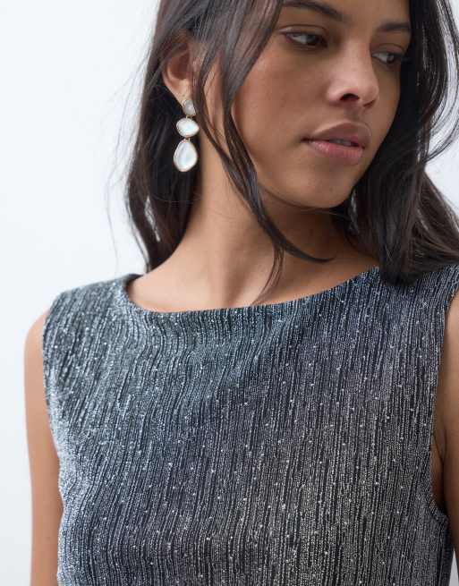 JDY - top sin mangas asimétrico de conjunto en brillo plateado, 3 de 4