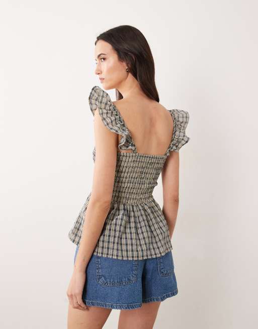 JDY top smock à basque à carreaux vichy marron et bleu, 3 de 4