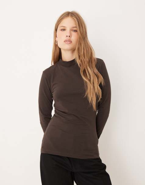 JDY roll neck top in dark chocolate brown