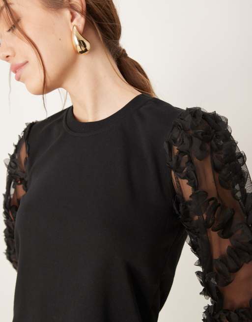 JDY - Trui met mesh bloemen op de mouwen in zwart, 3 van 4