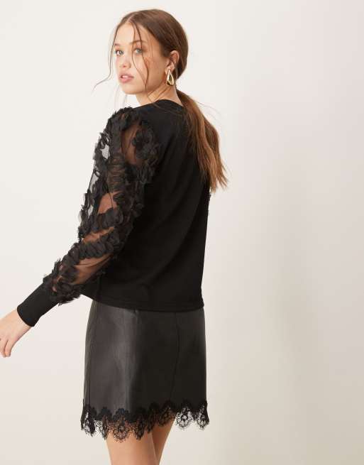 JDY - Trui met mesh bloemen op de mouwen in zwart, 4 van 4