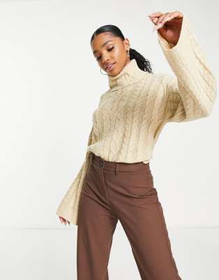 Jdy Turtle Neck Cable Knit Sweater In Sand-neutral