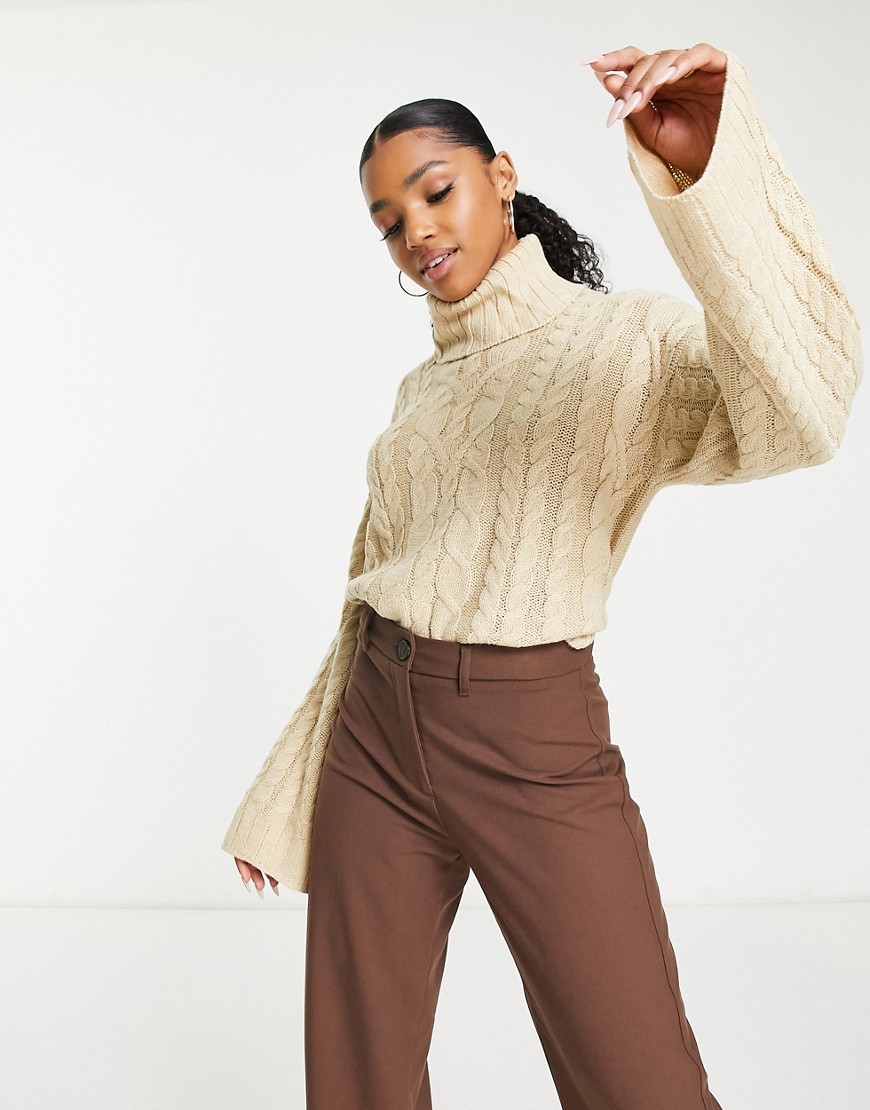 JDY turtle neck cable knit sweater in sand-Neutral