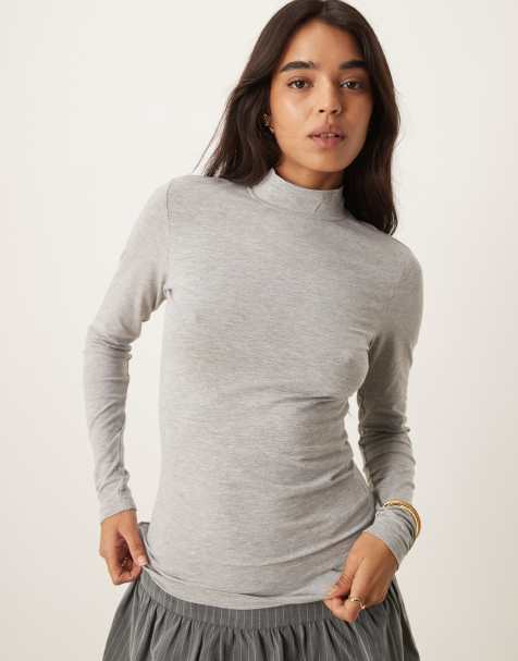 JDY turtle neck fitted top in light grey melange - view 1