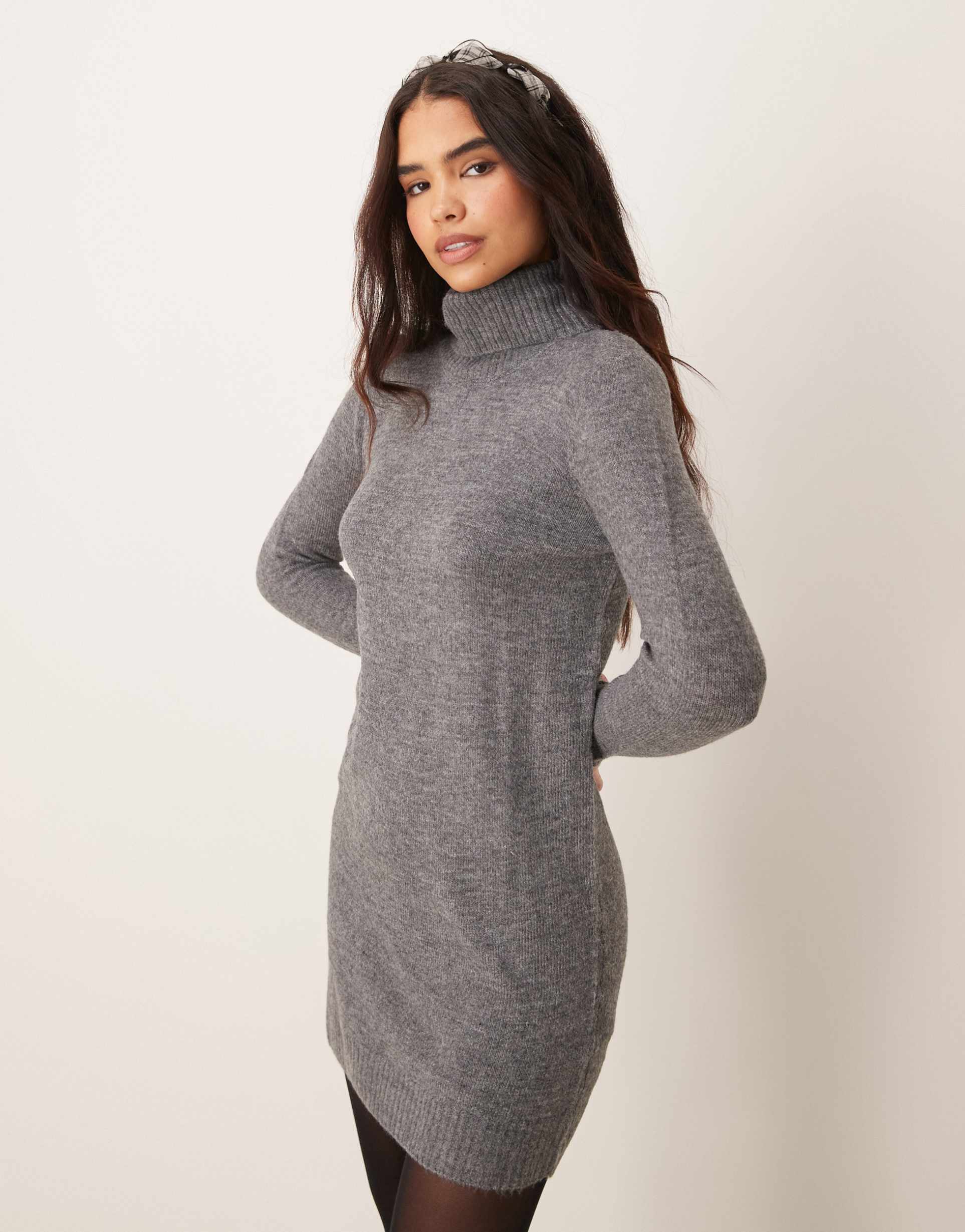 jdy turtleneck knit dress in dark gray melange