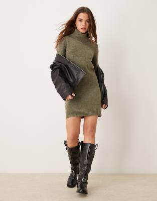 turtleneck knit dress in khaki melange-Green