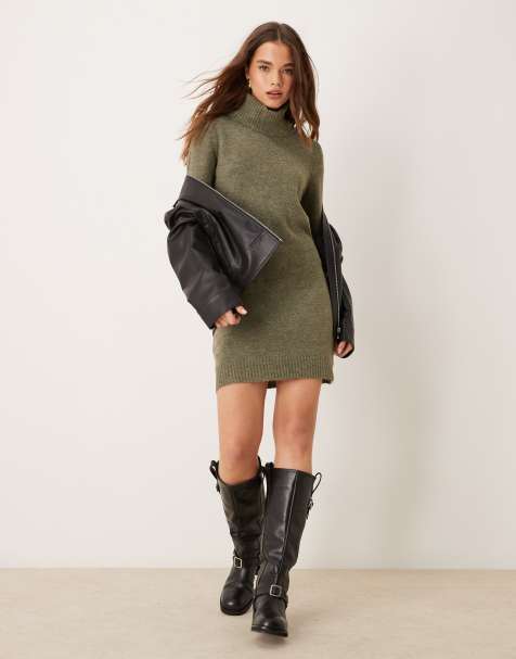 JDY turtleneck knit dress in khaki melange - view 1