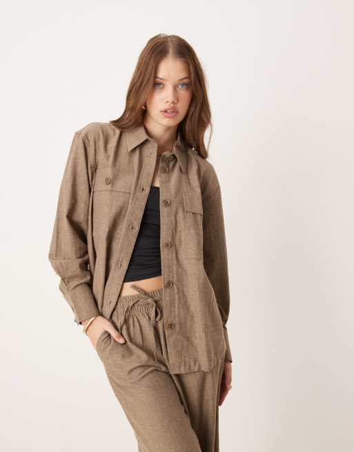JDY utility pocket shirt in brown heringbone (part of a set)