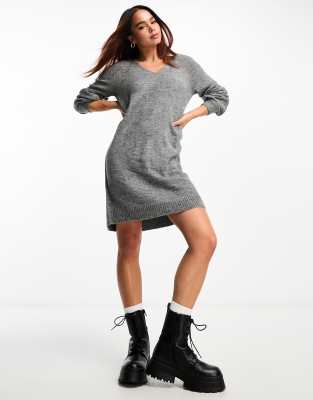 v neck balloon sleeve knit mini dress in dark gray melange