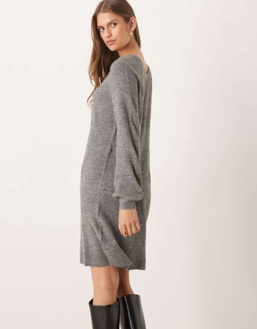 JDY v neck balloon sleeve knit mini dress in dark gray melange, 2 of 4
