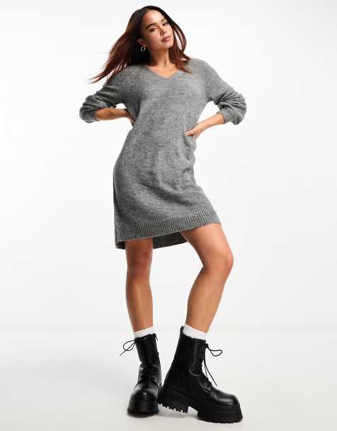 JDY v neck balloon sleeve knitted mini dress in dark grey melange - view 1
