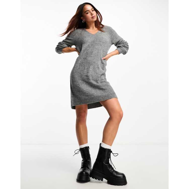 JDY v neck balloon sleeve knitted mini dress in dark grey melange