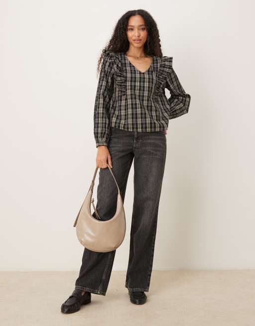 JDY v neck blouse with frill detail in black & cream check, 2 of 4