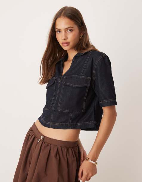 JDY v-neck boxy denim top in dark blue - view 1