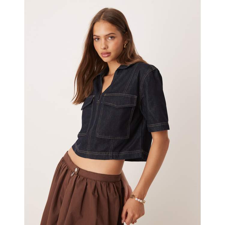 JDY v-neck boxy denim top in dark blue | ASOS