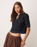 [JDY] JDY v-neck boxy denim top in dark blue XS Mid blue