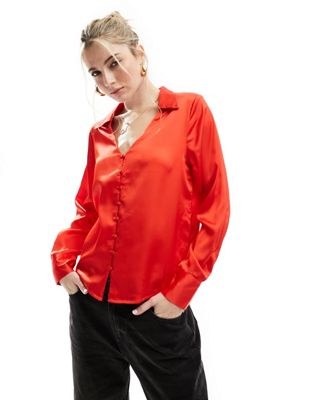 JDY v neck button down shirt in red