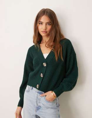 JDY v neck button up cardigan in dark green