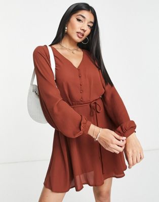 JDY v neck button up mini dress in brown