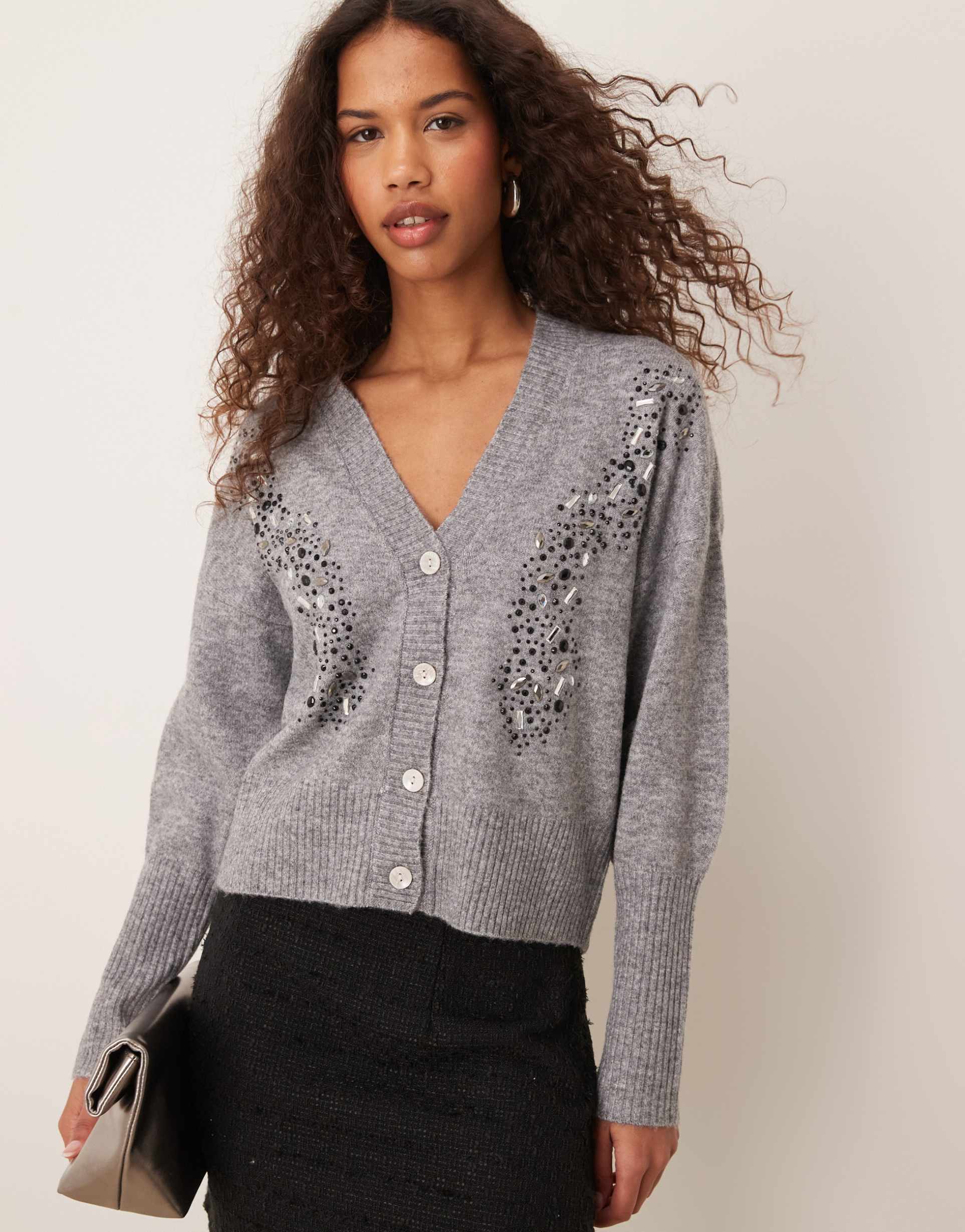 jdy v-neck cardigan in mid gray melange