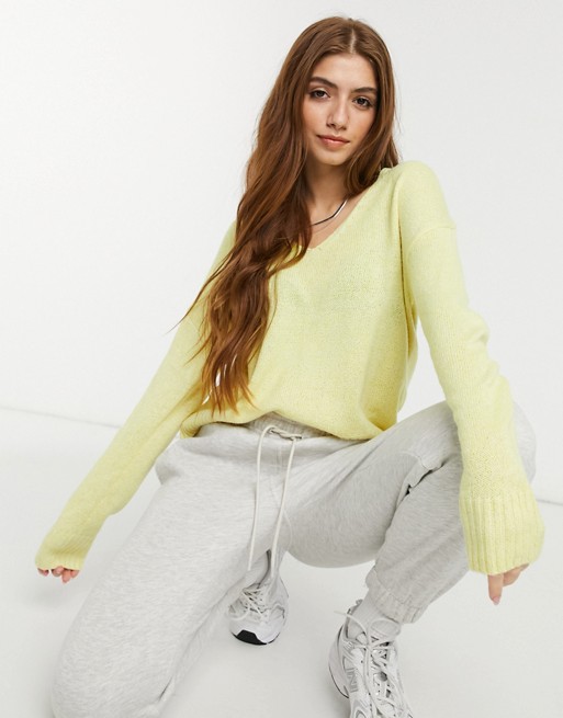 JDY soft ribbed v neck jumper in pale yellow