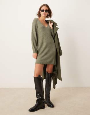 JDY v-neck knit mini dress in dark green | ASOS