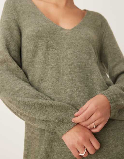 JDY v-neck knit mini dress in dark green | ASOS