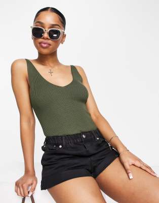 Jdy V-neck Knit Tank Top In Khaki-green