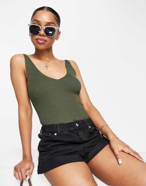 JDY V-neck knit tank top in khaki - view 1