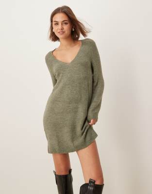 JDY v-neck knitted mini dress in dark green