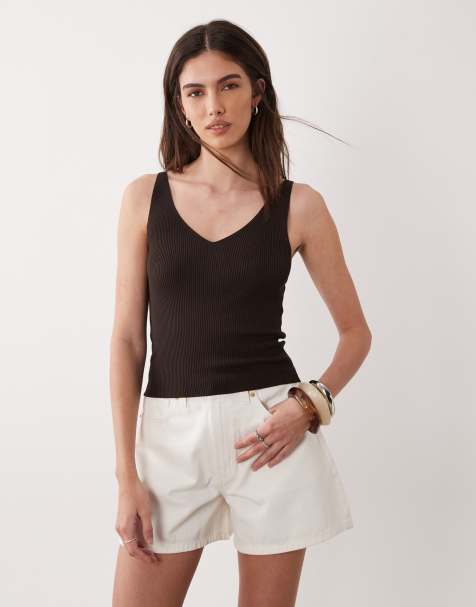 JDY v-neck knitted singlet top in brown - view 1