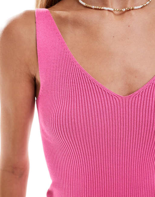 JDY v neck knitted tank top in bright pink, 3 of 4