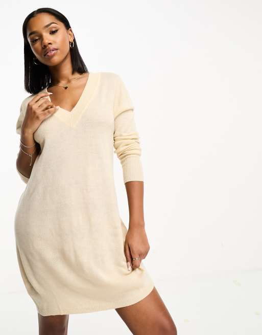 Jdy v neck lightweight mini sweater dress in cream