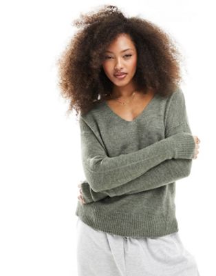 JDY v neck long sleeve knit jumper in khaki | ASOS