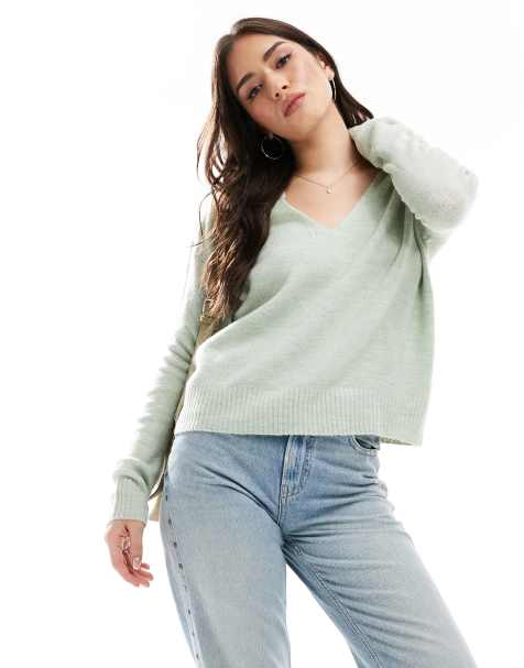 JDY v neck long sleeve knit jumper in light green - view 1