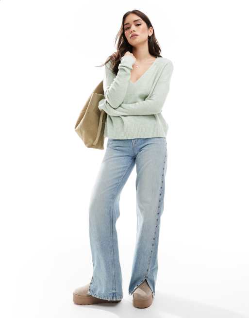 JDY v neck long sleeve knit sweater in light green