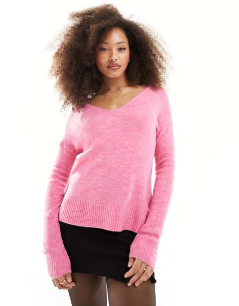 JDY v neck long sleeve knit sweater in pink - view 1