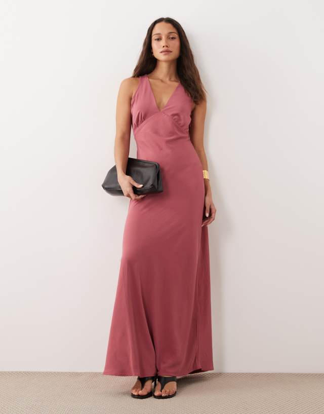 dusty pink flowy dress Dusty Pink Silk Satin Maxi Dress with Long Bishop Sleeves