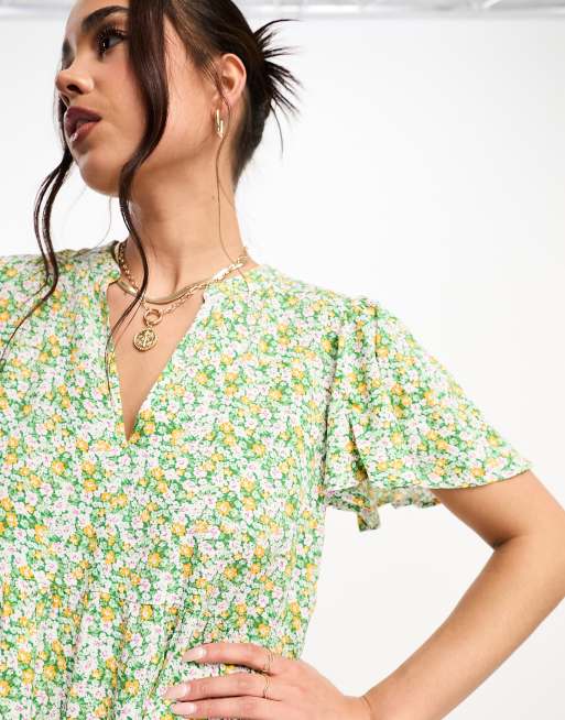JDY v neck mini dress in yellow & green ditsy floral print, 3 of 4
