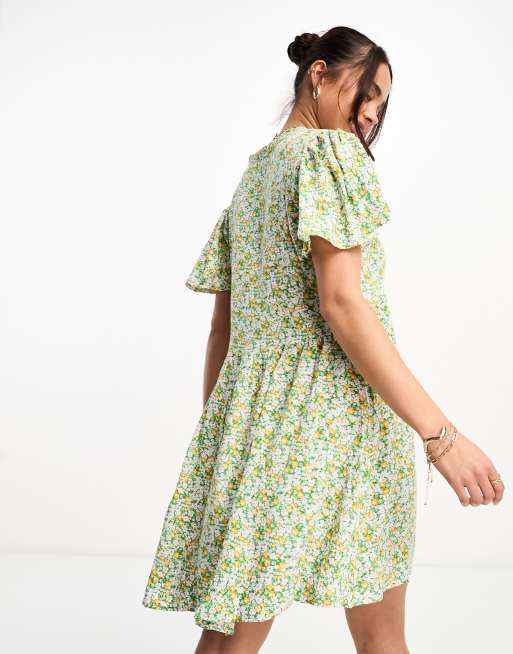 JDY v neck mini dress in yellow & green ditsy floral print, 4 of 4