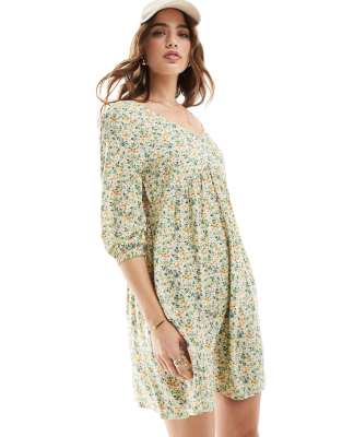 Jdy V Neck Mini Smock Dress In Green Micro Floral Print