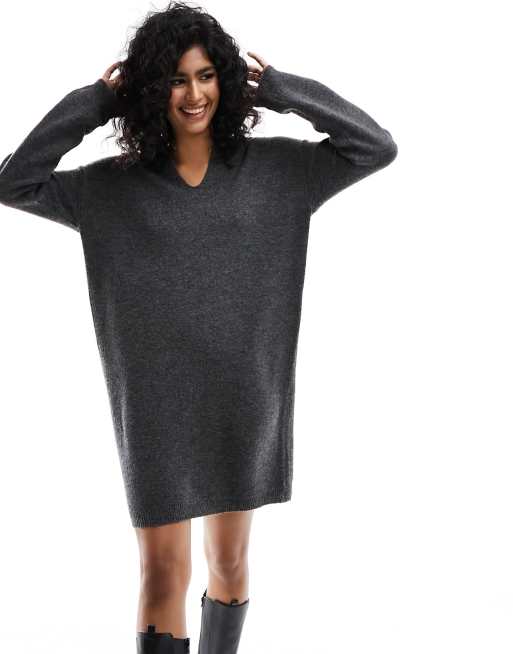 JDY v neck polo midi dress in dark grey