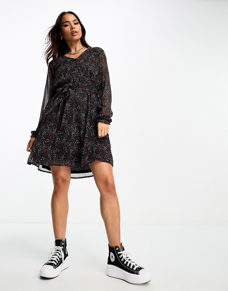 JDY v neck puff sleeve belted mini dress in black ditsy floral